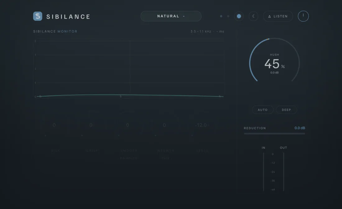 The Sibilance interface in the Graphite skin, dark theme.