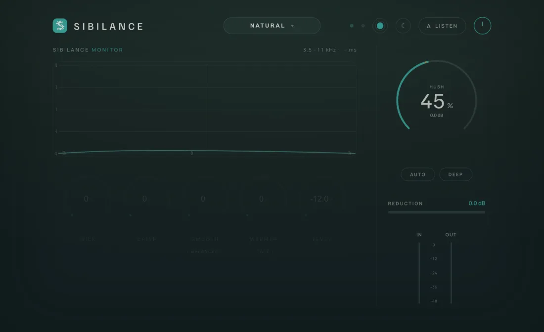 The Sibilance interface in the Studio Teal skin, dark theme.