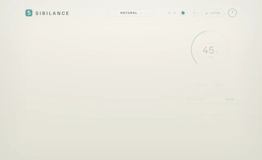 The Sibilance interface in the Studio Teal skin, light theme.